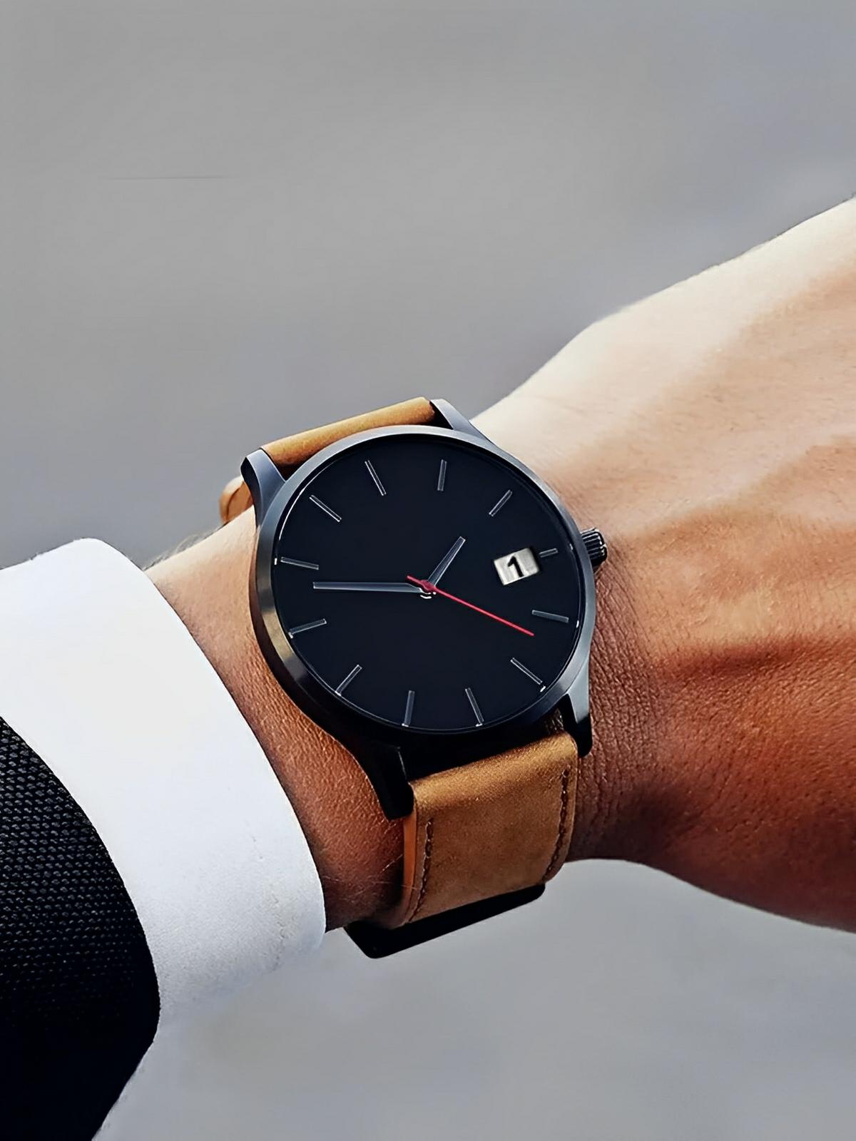 Montre homme quartz, cadran minimaliste, en simili vegan, avec affichage de date, modèle Kayl