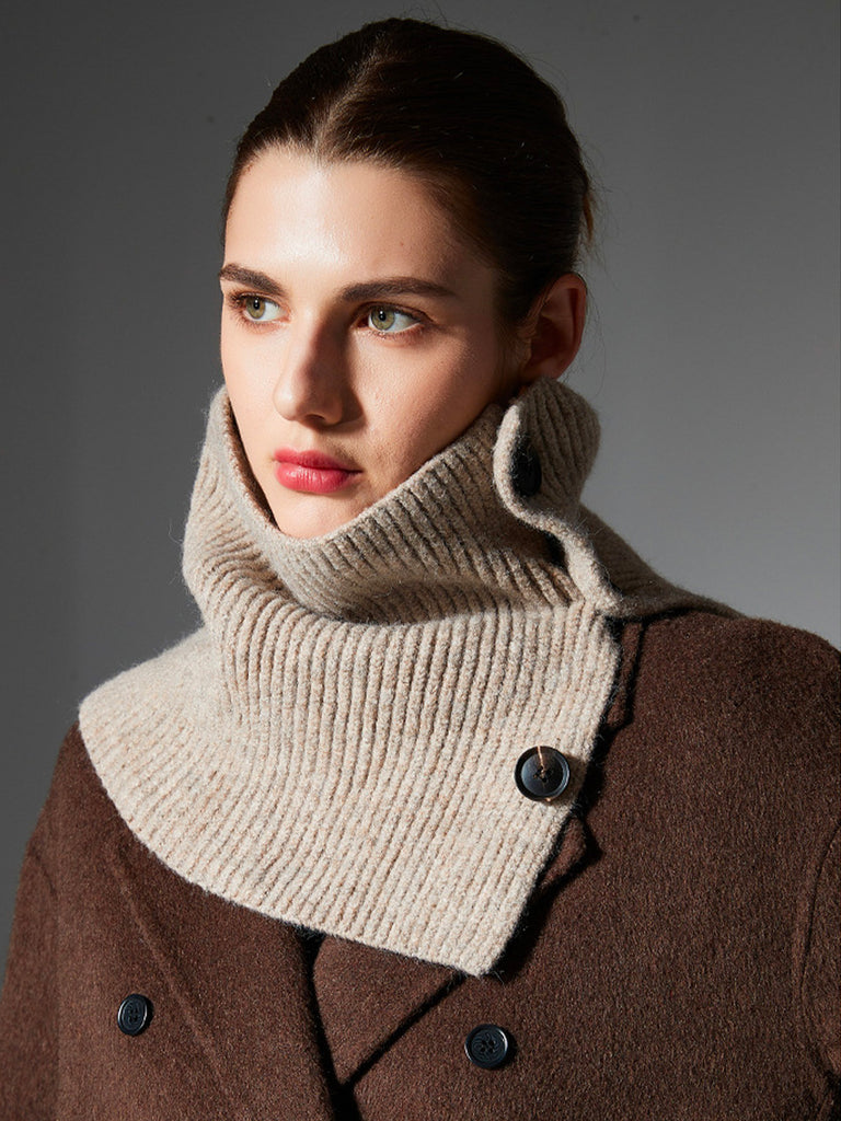 Cache-cou laine femme, tour de cou tricoté, col montant à boutons, accessoire hiver chaud, couleur douce, modèle Angela