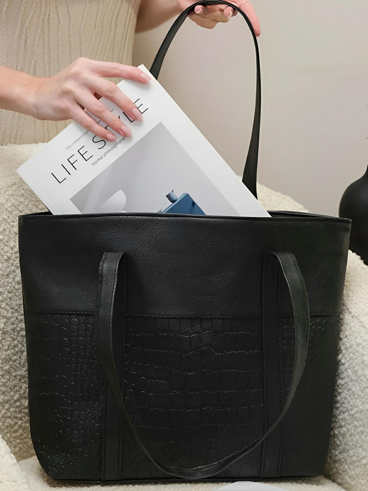 Sac bandoulière pour femme, sac noir smil vegan, grand format, fermeture éclair, porté épaule, modèle Pauline