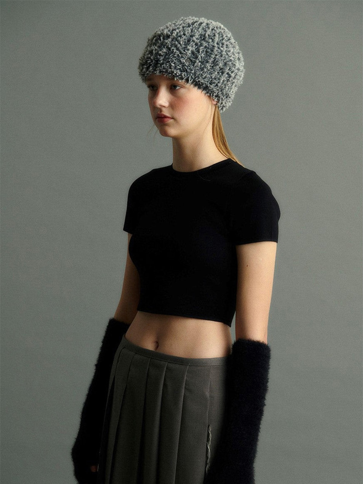 Gant long hiver femme, fausse fourrure doux, gant sans doigts peluche, gant violet crème noir, gant mode hiver chaud, modèle Likta
