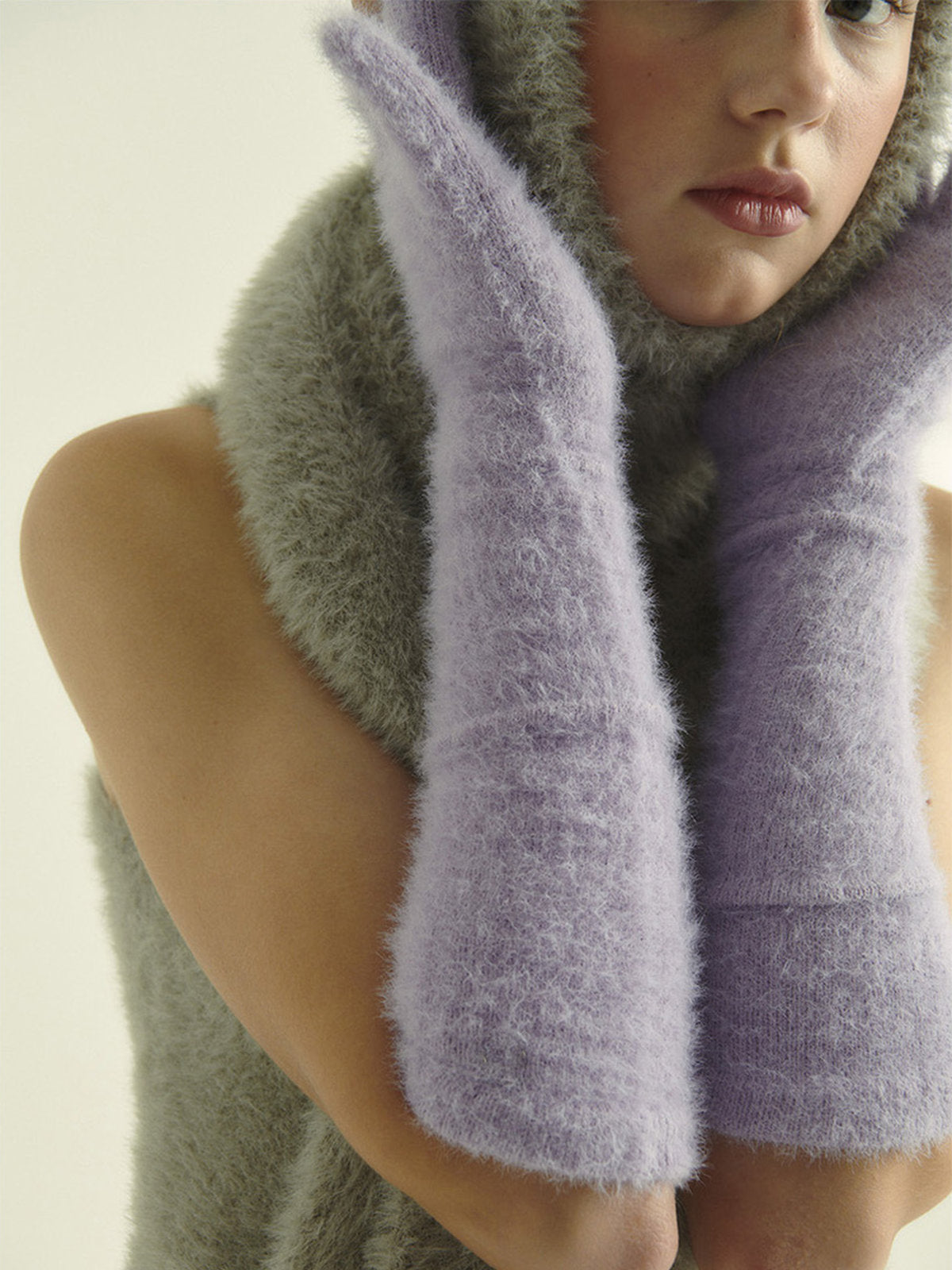 Gant long hiver femme, fausse fourrure doux, gant sans doigts peluche, gant violet crème noir, gant mode hiver chaud, modèle Likta