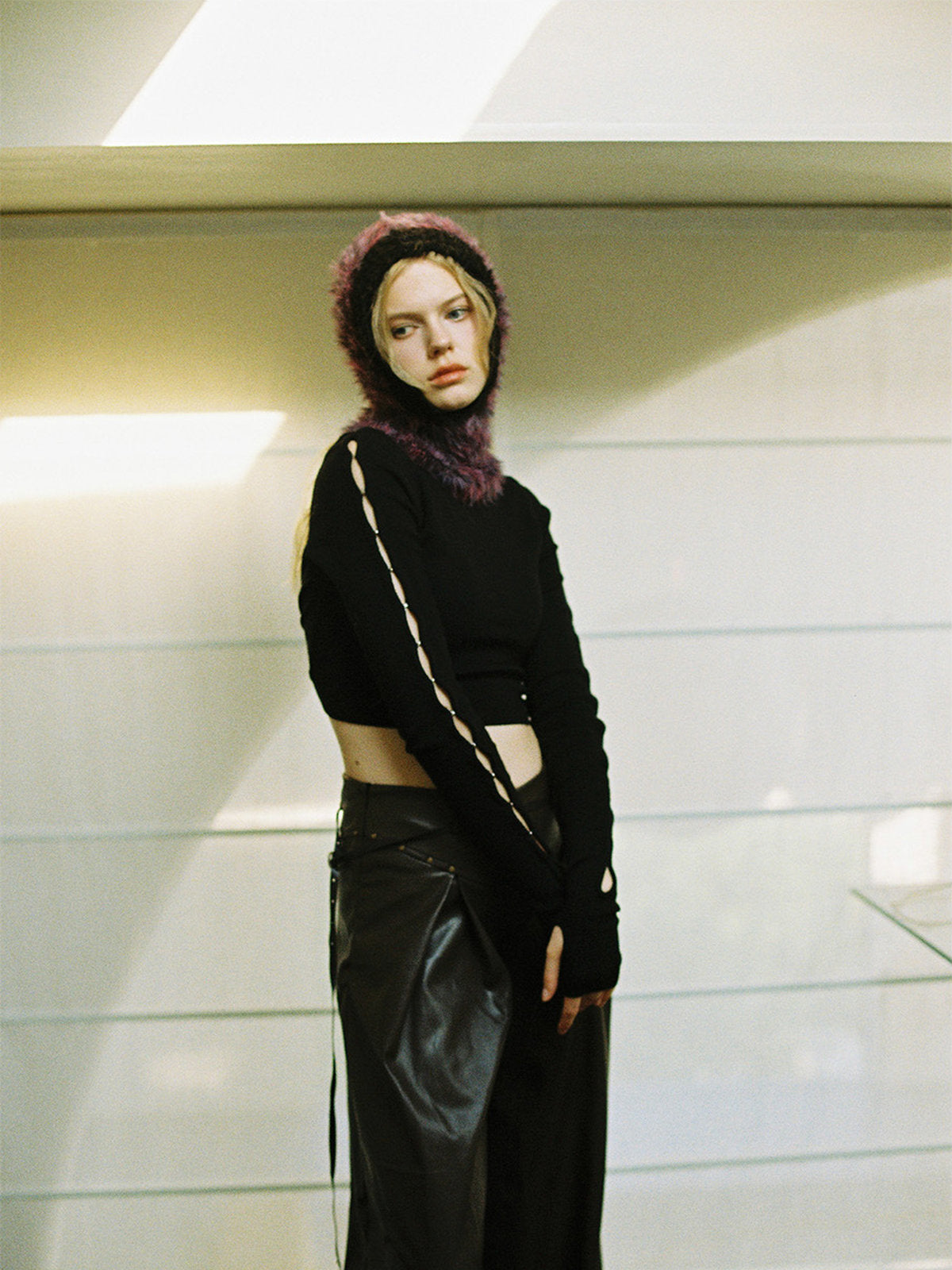 Soft knitted balaclava, hat with integrated collar in faux fur, warm and colorful winter accessory, Nitra model