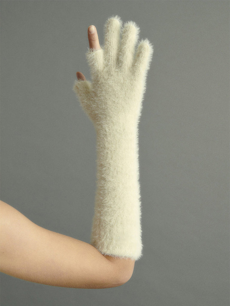 Gant long hiver femme, fausse fourrure doux, gant sans doigts peluche, gant violet crème noir, gant mode hiver chaud, modèle Likta