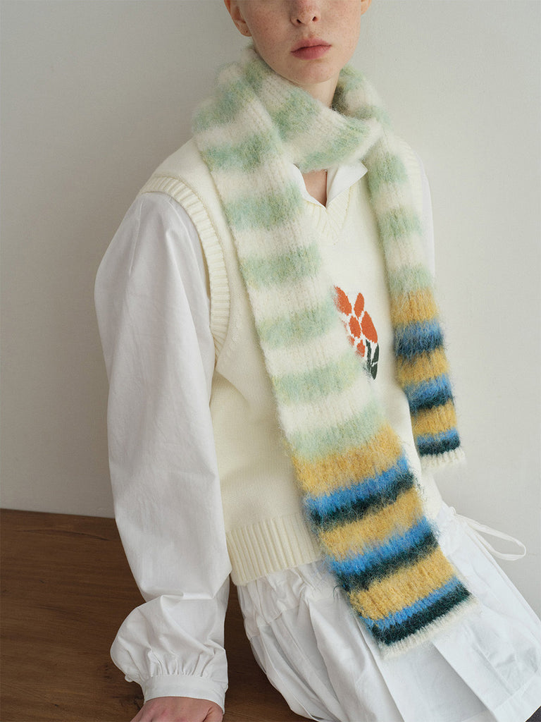 Écharpe en maille duveteuse, rayures multicolores, douce et chaude, style streetwear hivernal, longue écharpe fine, modèle tendance unisexe, modèle Fizie