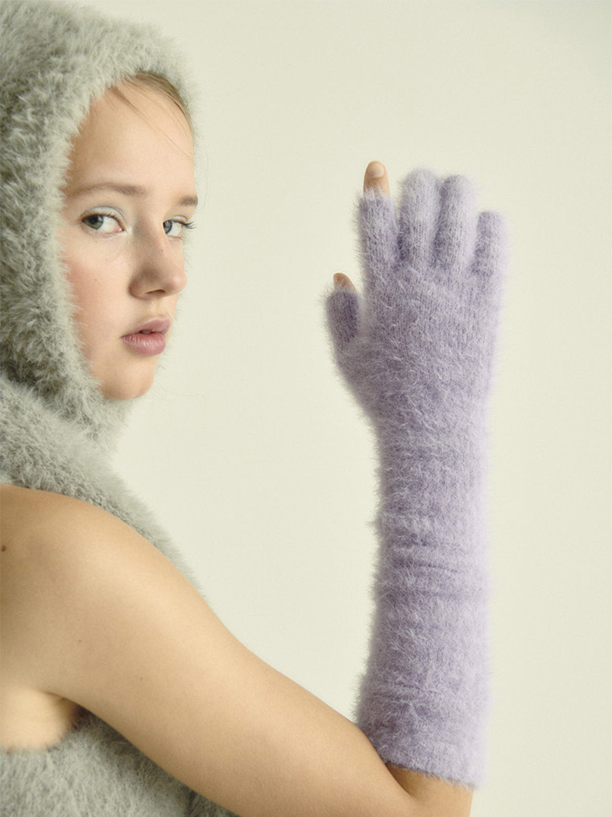 Gant long hiver femme, fausse fourrure doux, gant sans doigts peluche, gant violet crème noir, gant mode hiver chaud, modèle Likta