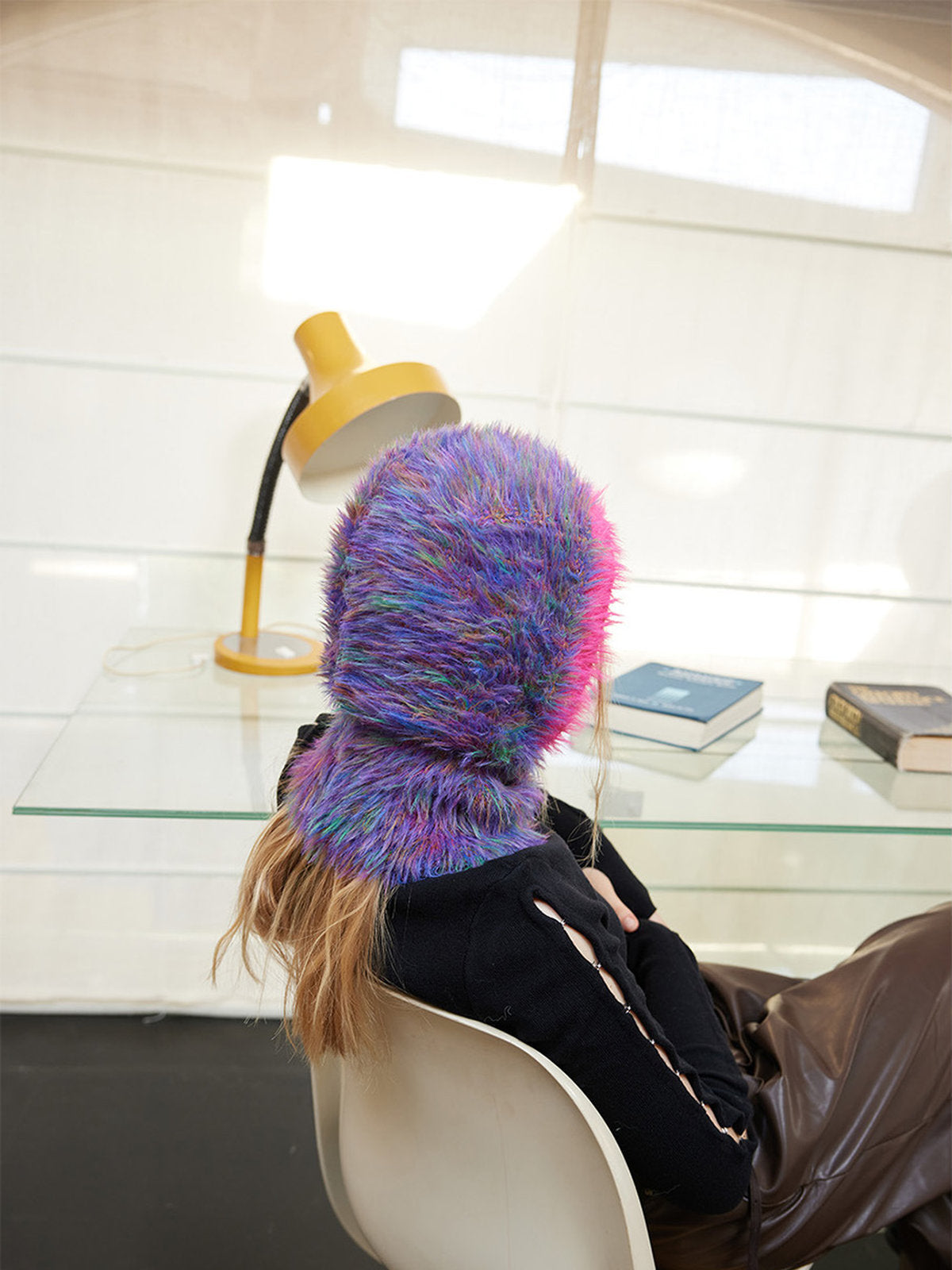 Soft knitted balaclava, hat with integrated collar in faux fur, warm and colorful winter accessory, Nitra model