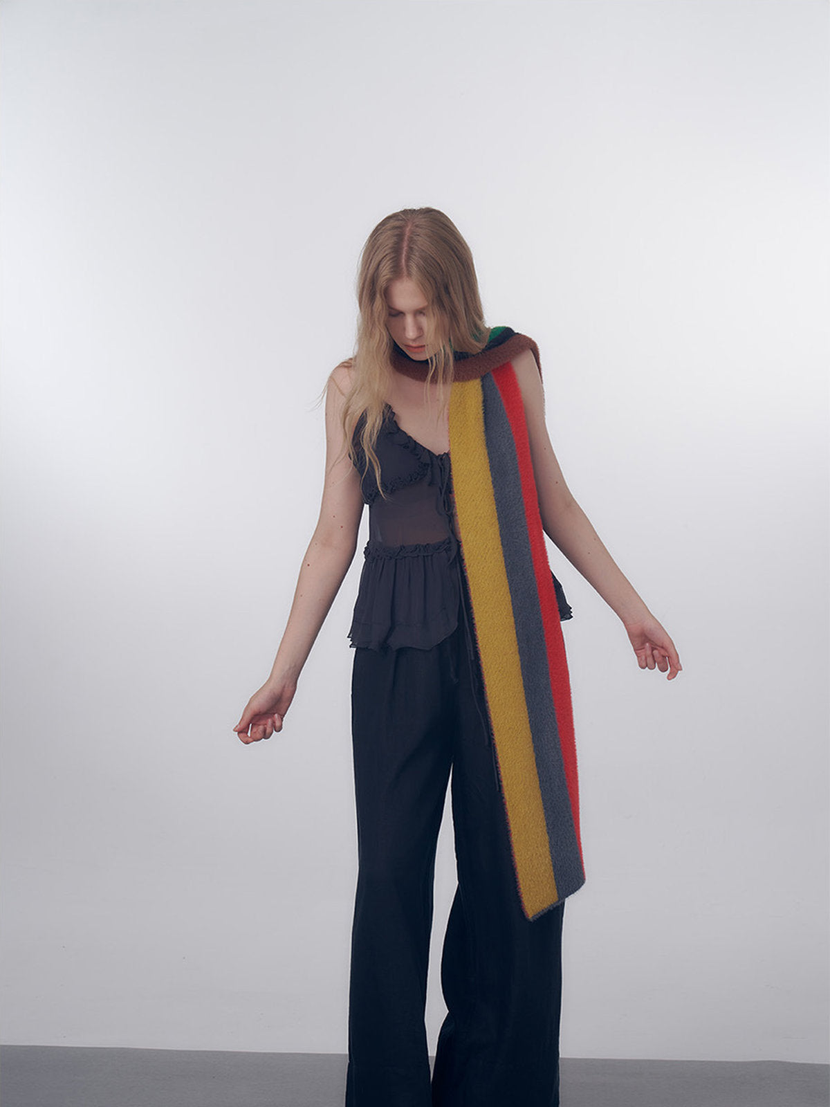 Long striped multicolor scarf, soft fluffy wool, warm and light, fine knit winter, colorful fashion accessories, Nadum model