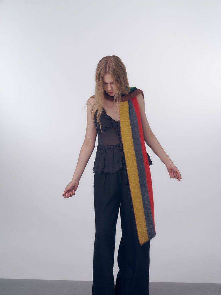 Long striped multicolor scarf, soft fluffy wool, warm and light, fine knit winter, colorful fashion accessories, Nadum model