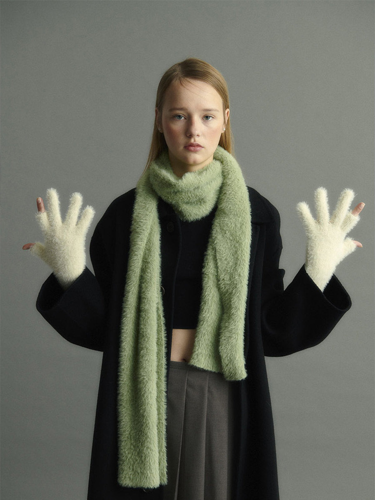 Gant long hiver femme, fausse fourrure doux, gant sans doigts peluche, gant violet crème noir, gant mode hiver chaud, modèle Likta