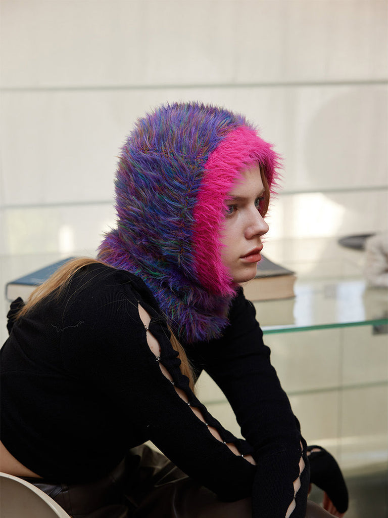 Soft knitted balaclava, hat with integrated collar in faux fur, warm and colorful winter accessory, Nitra model