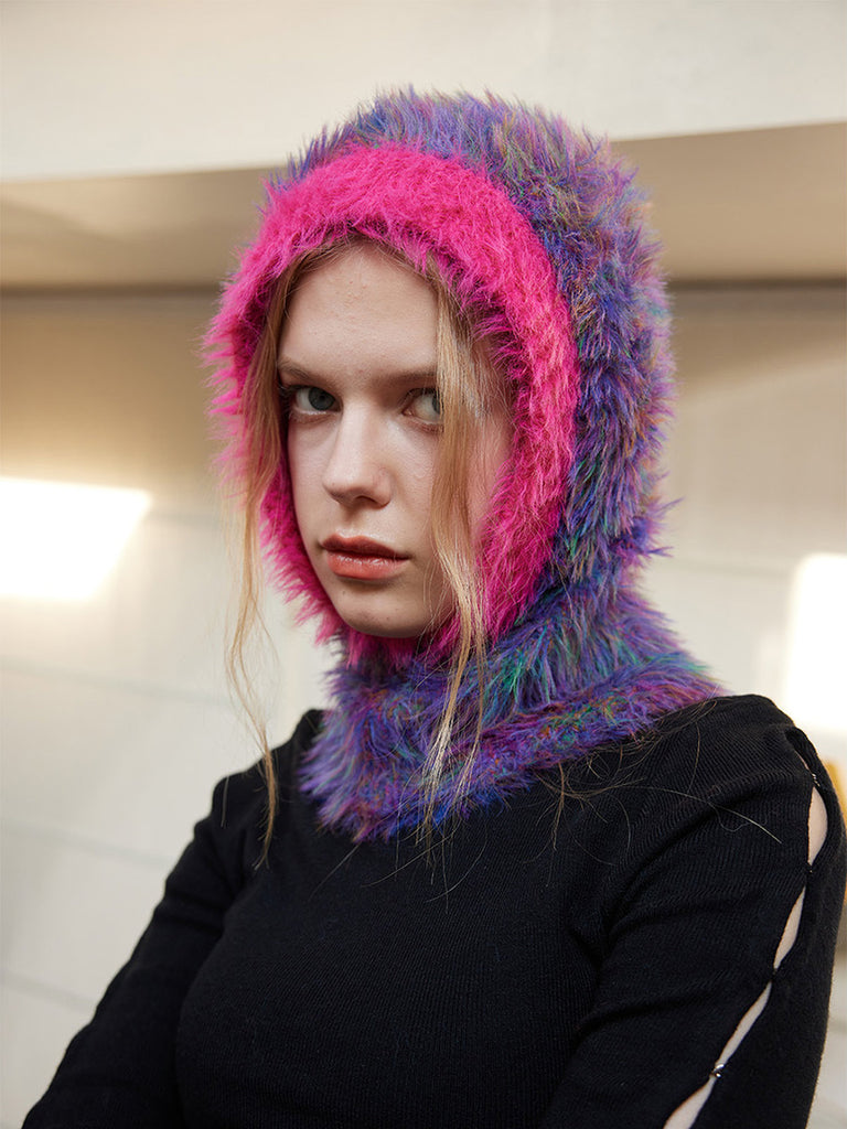 Soft knitted balaclava, hat with integrated collar in faux fur, warm and colorful winter accessory, Nitra model