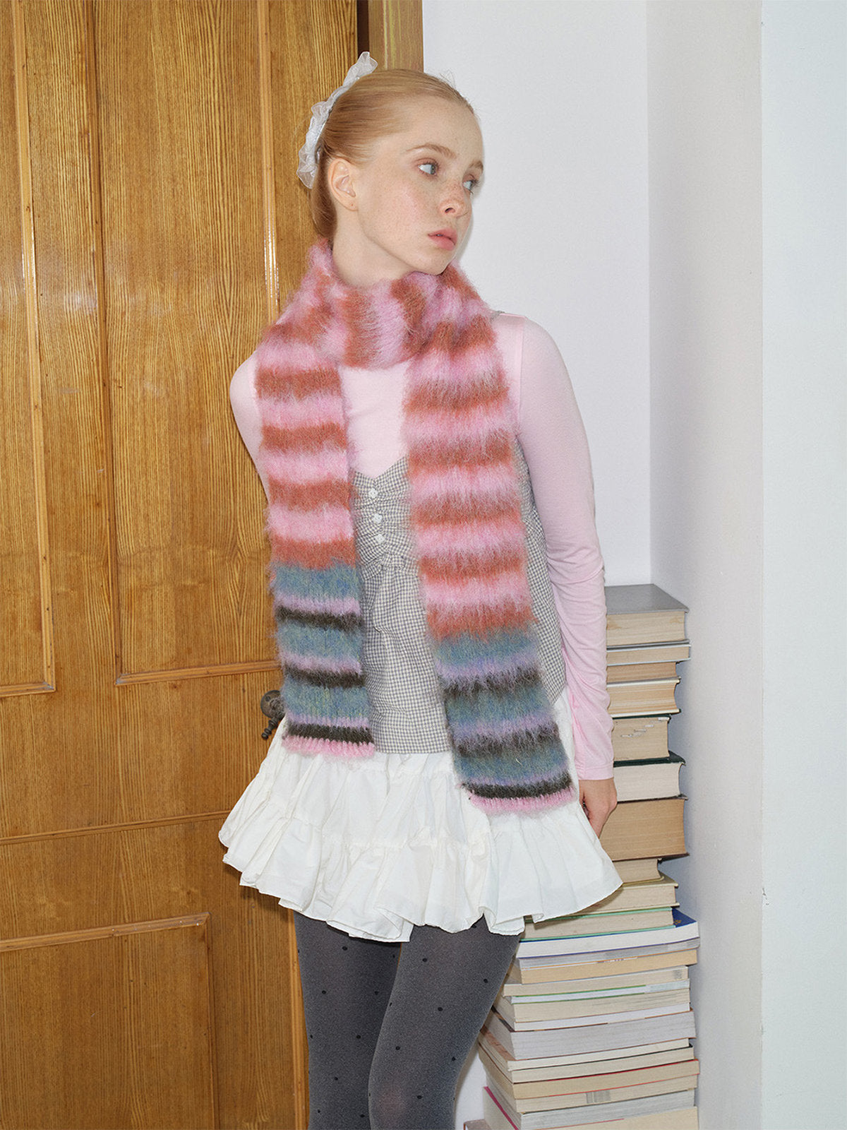 Écharpe en maille duveteuse, rayures multicolores, douce et chaude, style streetwear hivernal, longue écharpe fine, modèle tendance unisexe, modèle Fizie