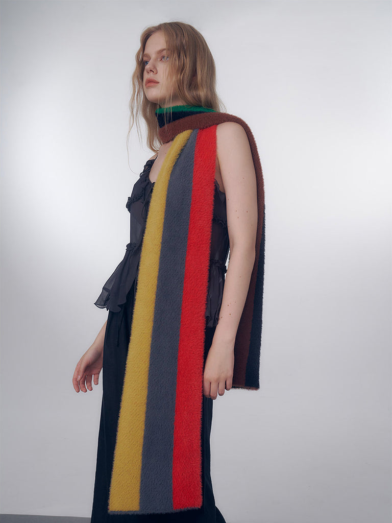 Long striped multicolor scarf, soft fluffy wool, warm and light, fine knit winter, colorful fashion accessories, Nadum model