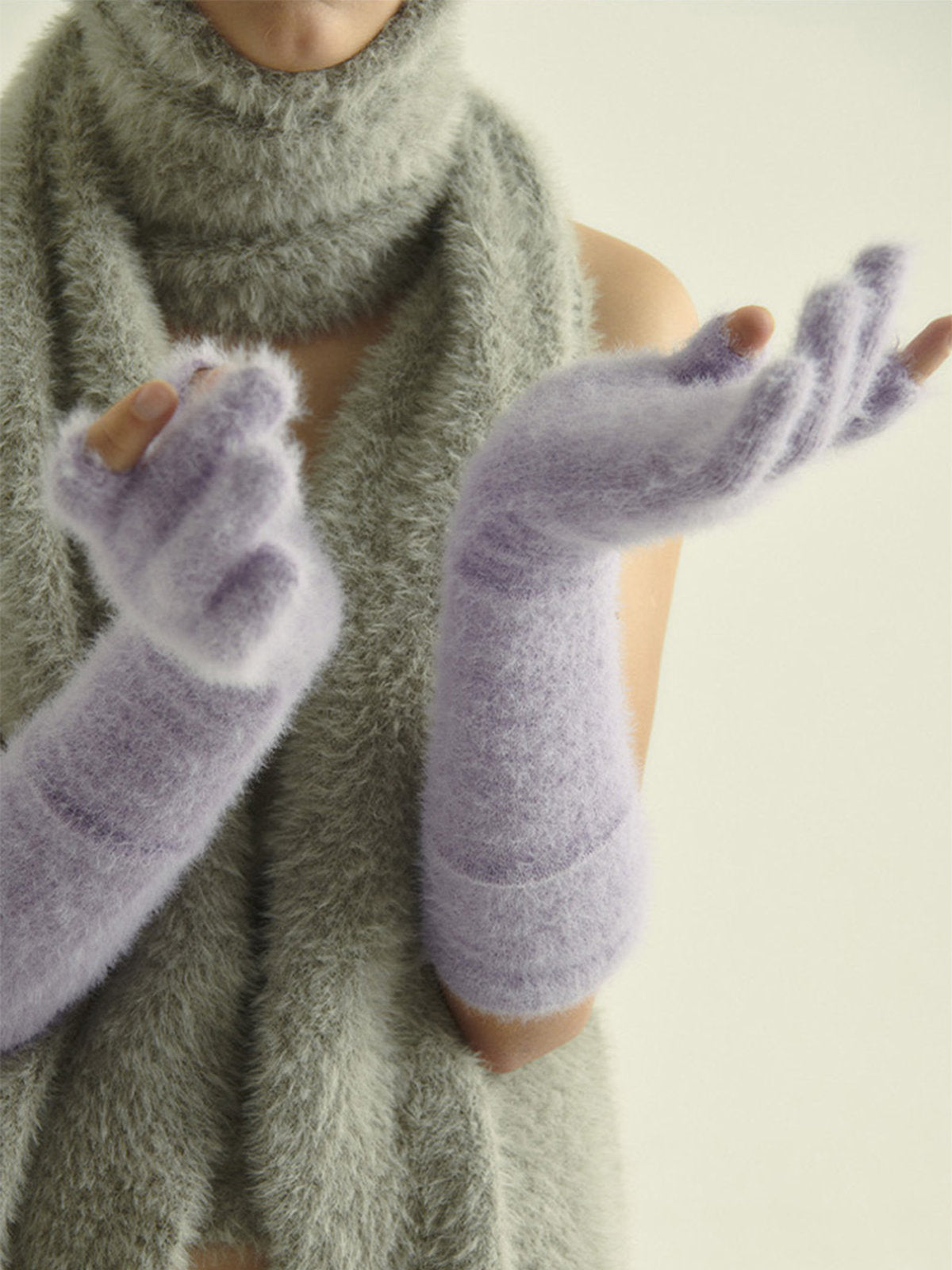 Gant long hiver femme, fausse fourrure doux, gant sans doigts peluche, gant violet crème noir, gant mode hiver chaud, modèle Likta