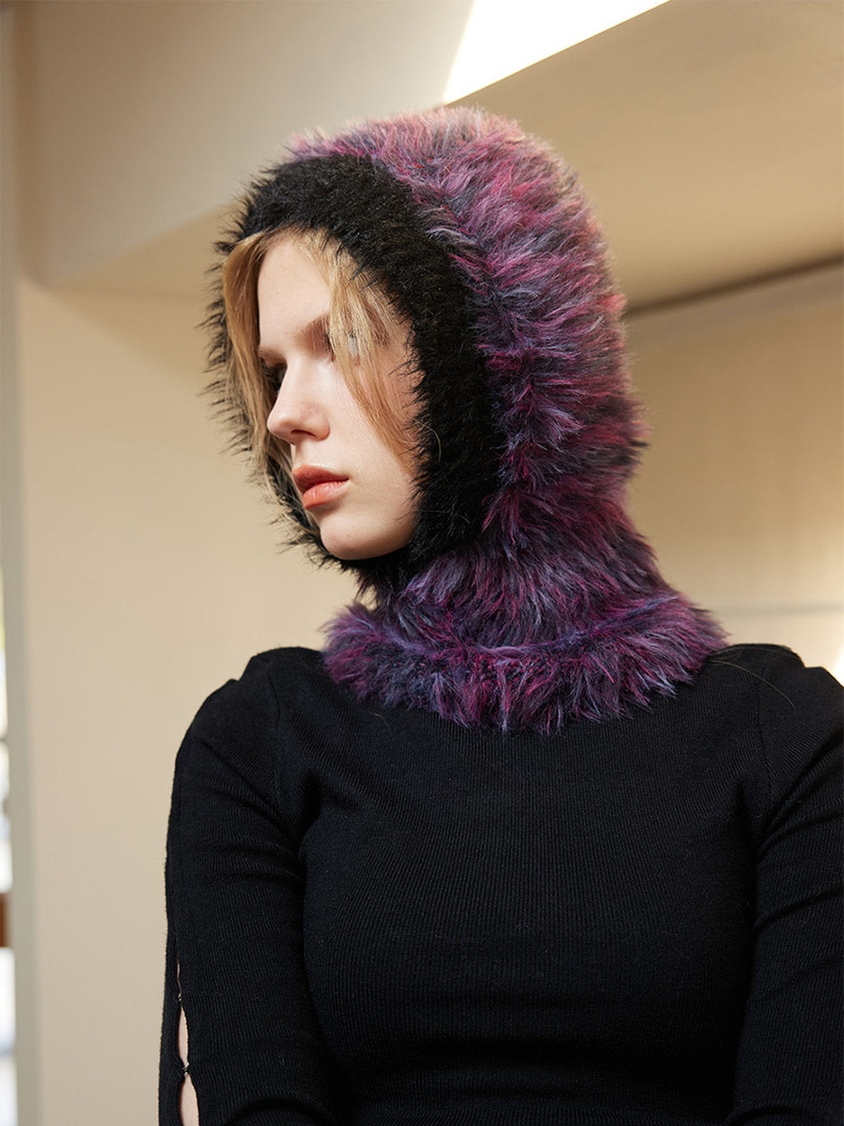 Soft knitted balaclava, hat with integrated collar in faux fur, warm and colorful winter accessory, Nitra model