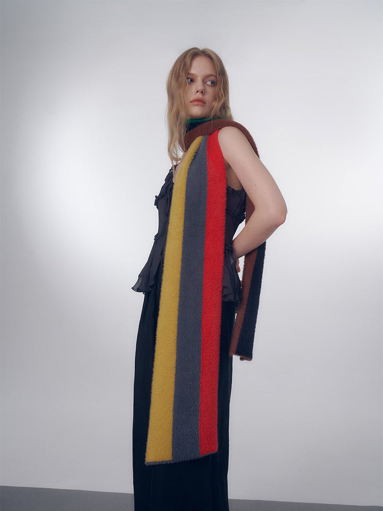 Long striped multicolor scarf, soft fluffy wool, warm and light, fine knit winter, colorful fashion accessories, Nadum model