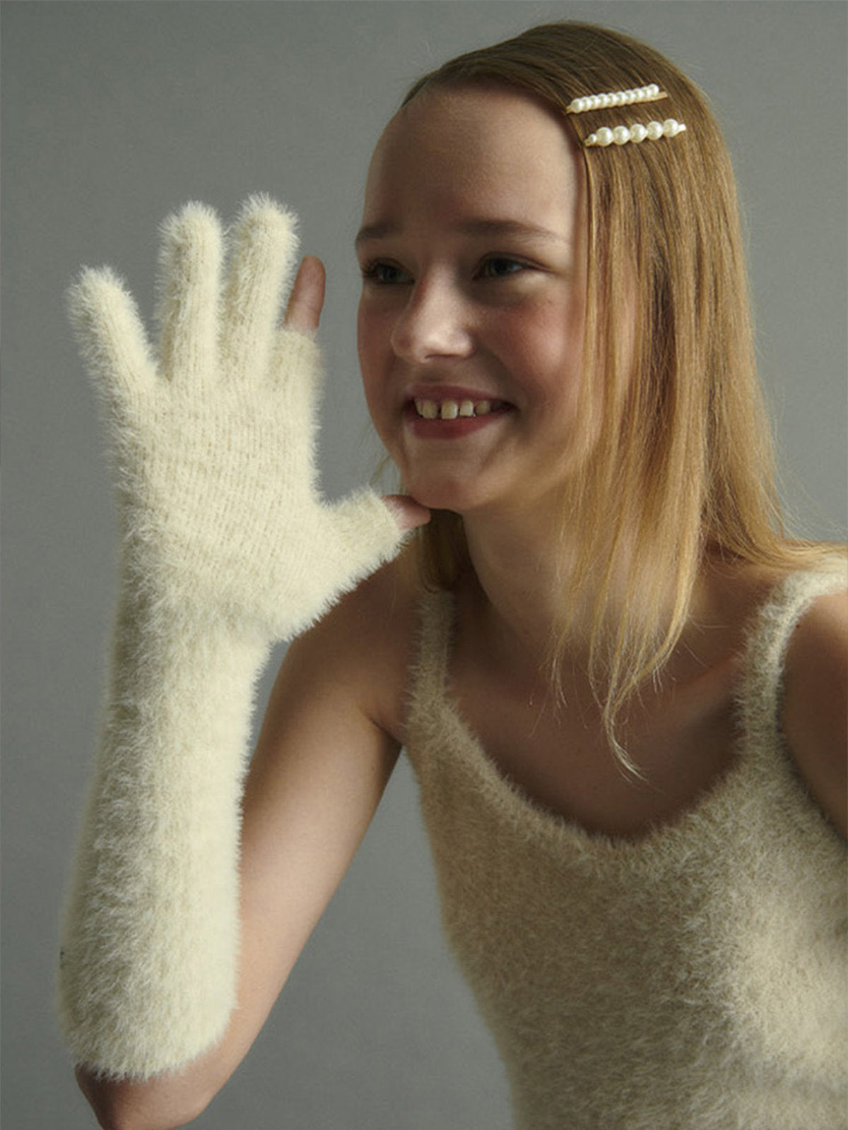 Gant long hiver femme, fausse fourrure doux, gant sans doigts peluche, gant violet crème noir, gant mode hiver chaud, modèle Likta