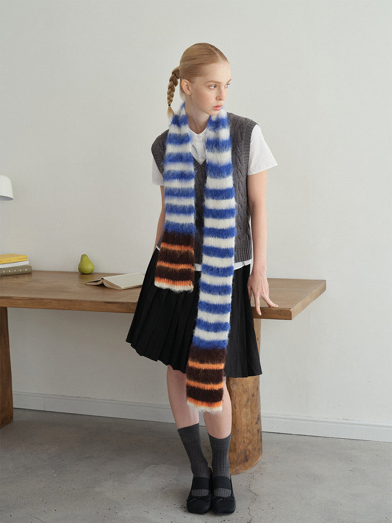 Écharpe en maille duveteuse, rayures multicolores, douce et chaude, style streetwear hivernal, longue écharpe fine, modèle tendance unisexe, modèle Fizie