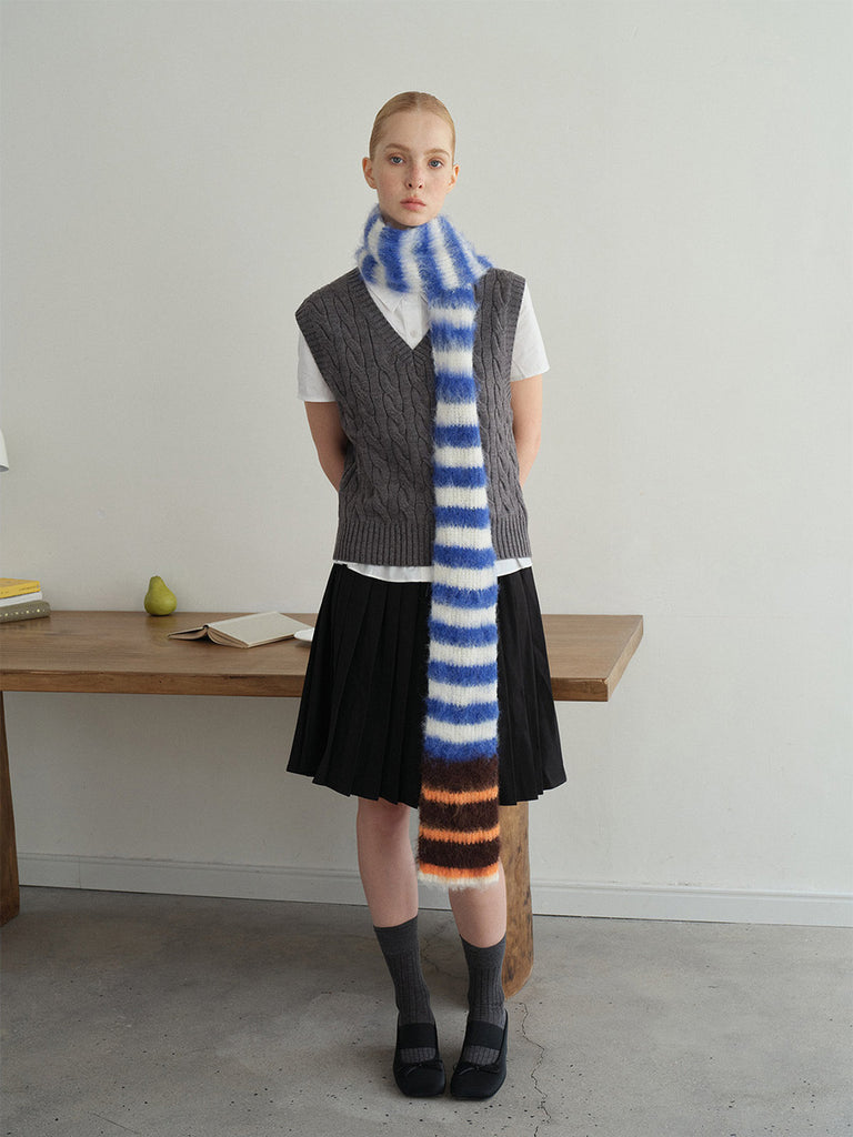 Écharpe en maille duveteuse, rayures multicolores, douce et chaude, style streetwear hivernal, longue écharpe fine, modèle tendance unisexe, modèle Fizie