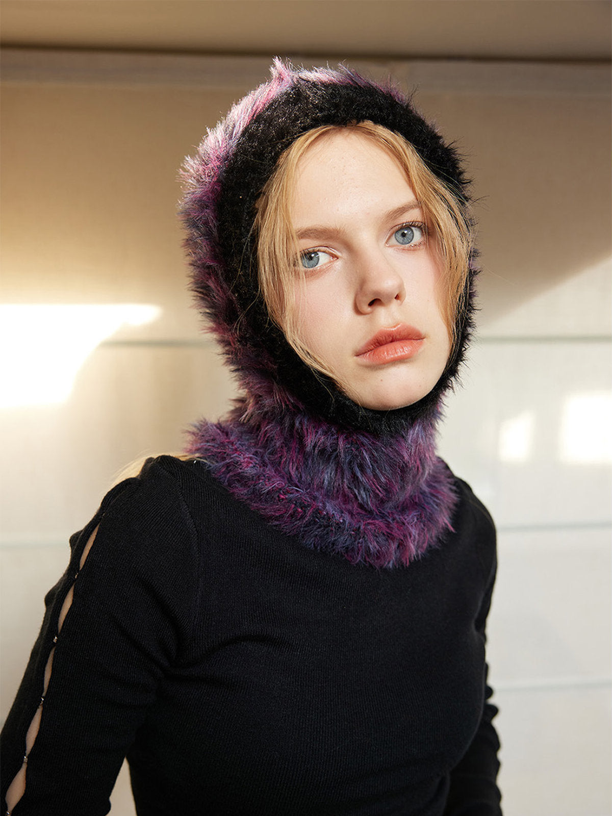 Soft knitted balaclava, hat with integrated collar in faux fur, warm and colorful winter accessory, Nitra model