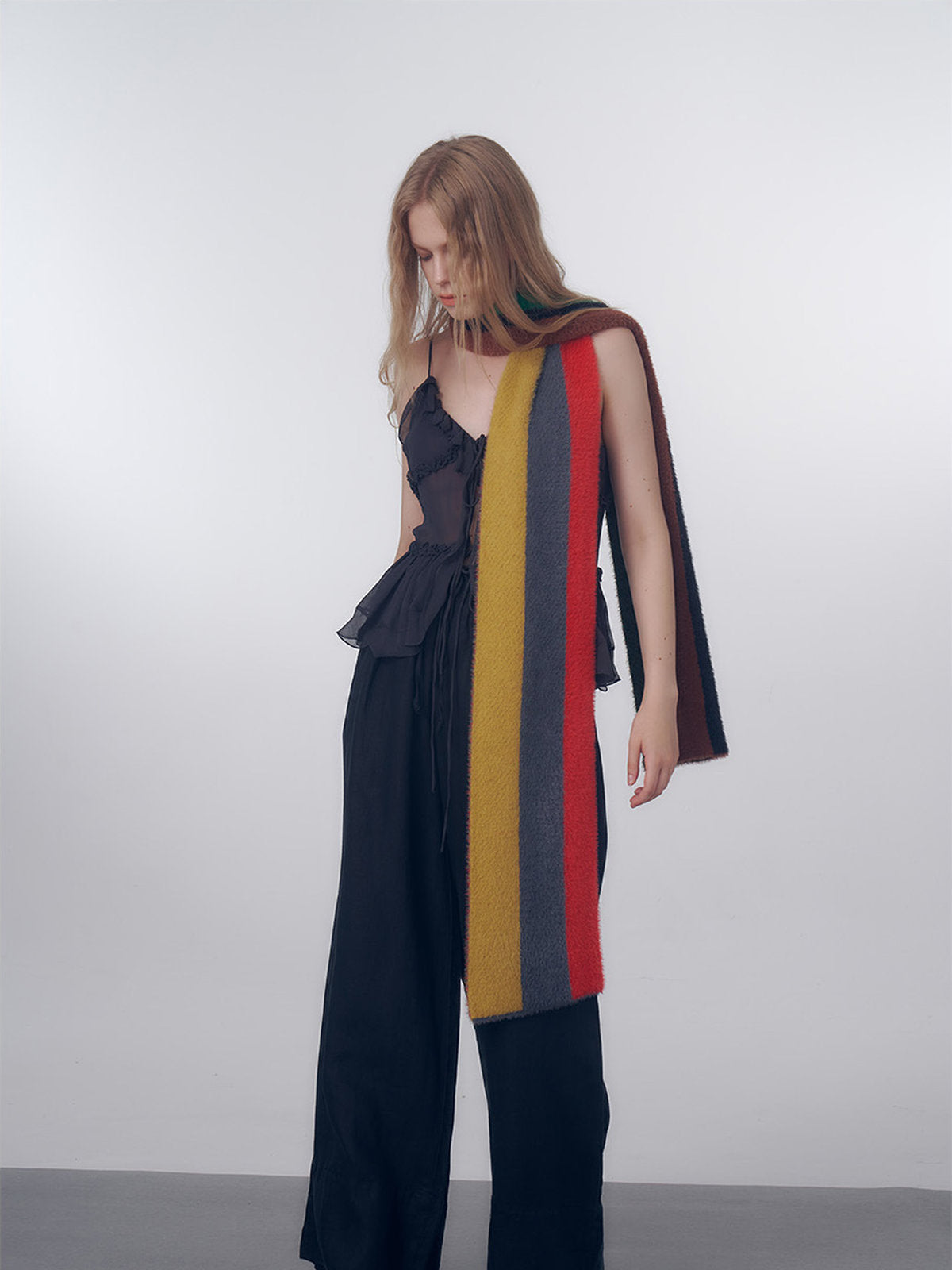 Long striped multicolor scarf, soft fluffy wool, warm and light, fine knit winter, colorful fashion accessories, Nadum model