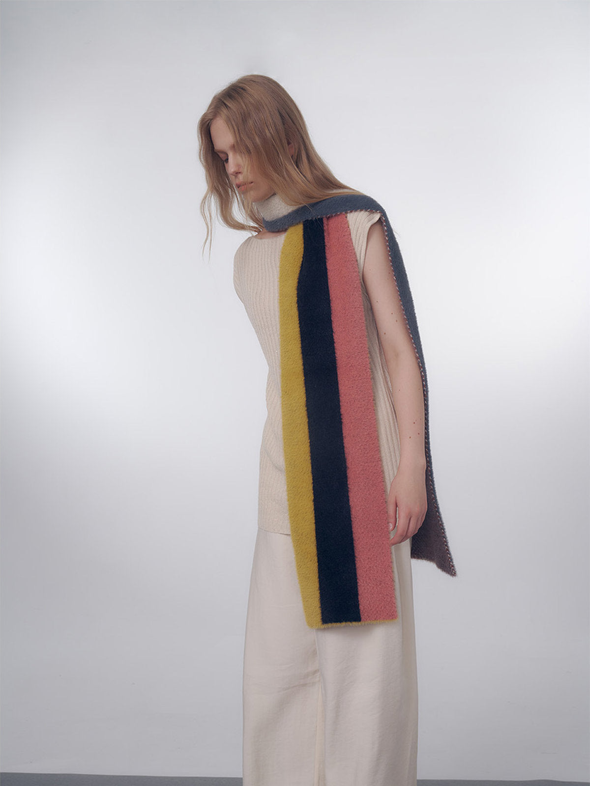 Long striped multicolor scarf, soft fluffy wool, warm and light, fine knit winter, colorful fashion accessories, Nadum model