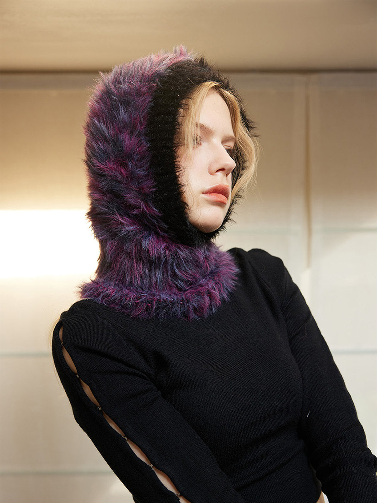 Soft knitted balaclava, hat with integrated collar in faux fur, warm and colorful winter accessory, Nitra model