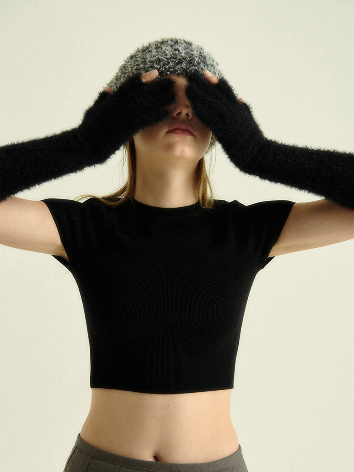 Gant long hiver femme, fausse fourrure doux, gant sans doigts peluche, gant violet crème noir, gant mode hiver chaud, modèle Likta