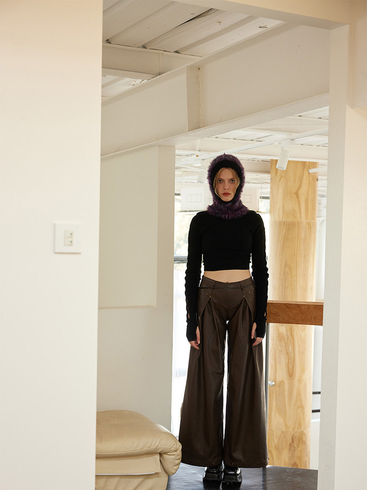 Soft knitted balaclava, hat with integrated collar in faux fur, warm and colorful winter accessory, Nitra model