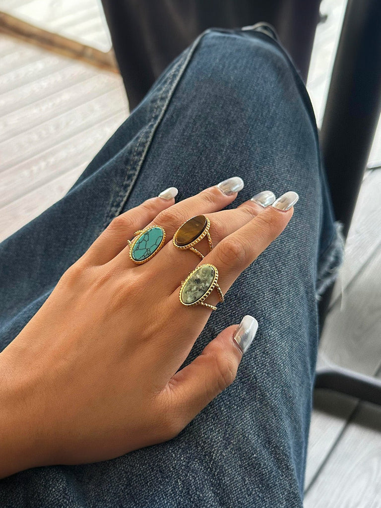 Bague en pierre naturelle colorée, et acier inoxydable, tendance, modèle Demira - Bague - Oeil de tigre