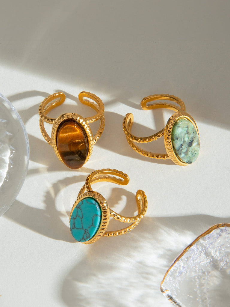 Bague en pierre naturelle colorée, et acier inoxydable, tendance, modèle Demira - Bague - Oeil de tigre