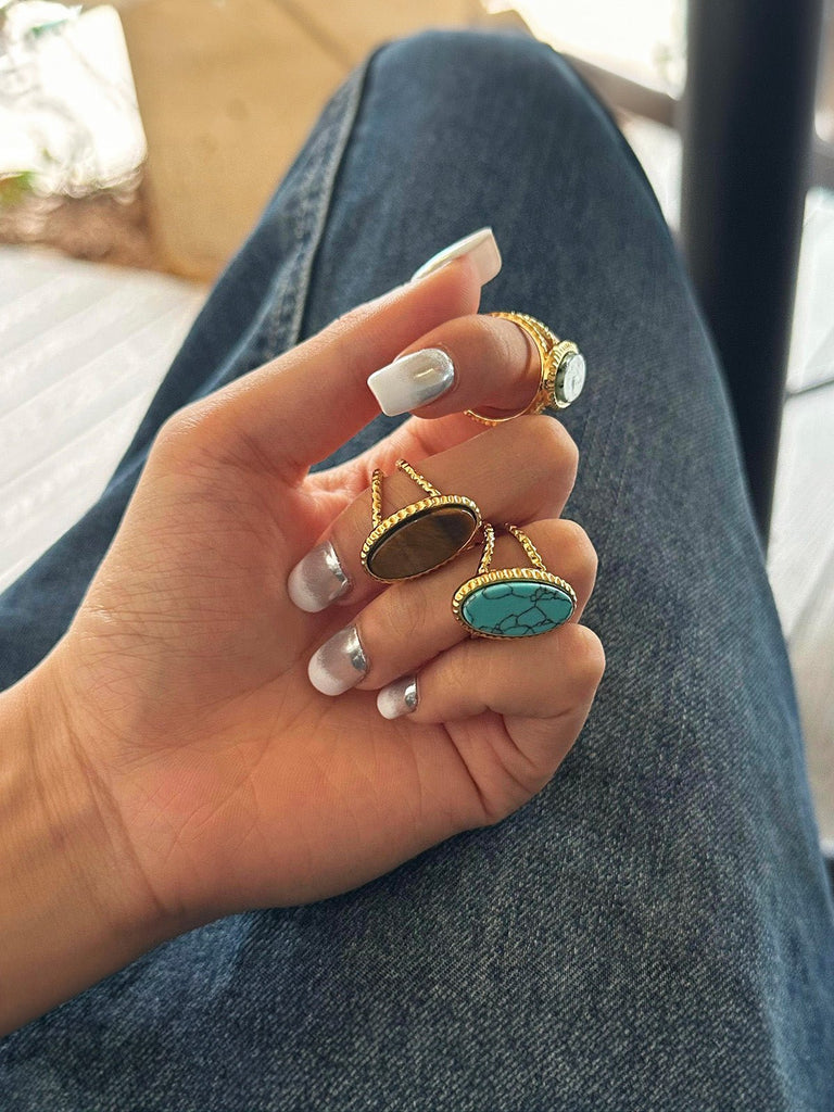 Bague en pierre naturelle colorée, et acier inoxydable, tendance, modèle Demira - Bague - Oeil de tigre