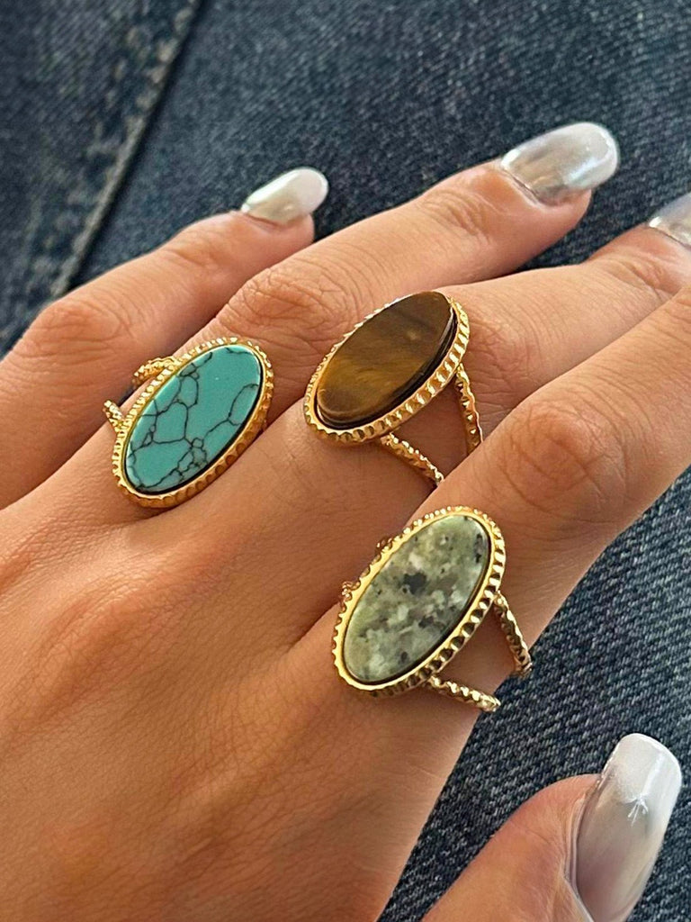 Bague en pierre naturelle colorée, et acier inoxydable, tendance, modèle Demira - Bague - Oeil de tigre