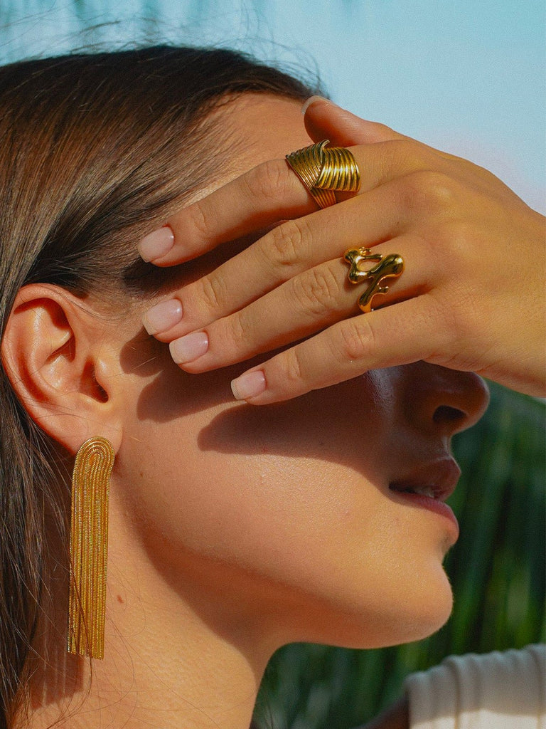 Bague liquide dorée, design organique, forme abstraite, acier inoxydable, ajustable, or 18K, modèle Xina - Bague - Or