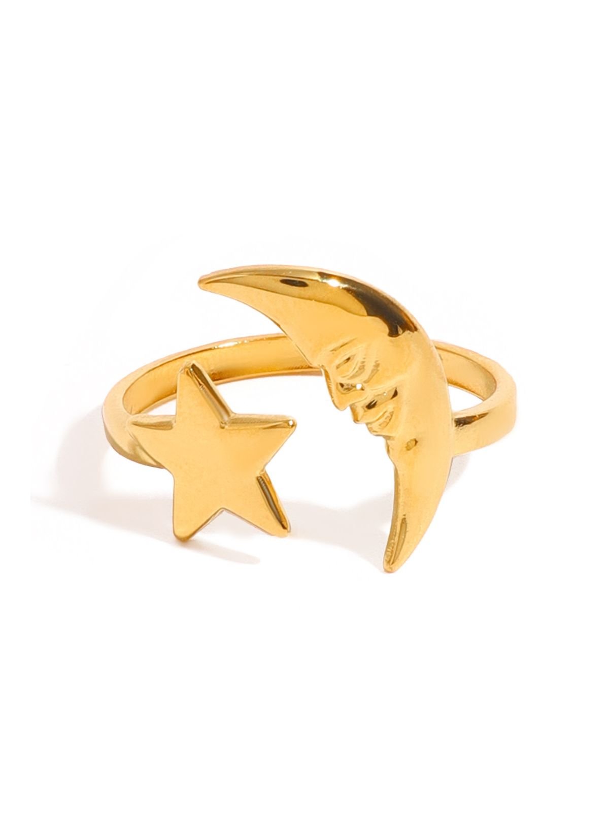 Bague lune étoile dorée, croissant de lune femme, ajustable en acier inoxydable, bague tendance cosmique, bijou céleste doré, modèle Elia - Bague - Or