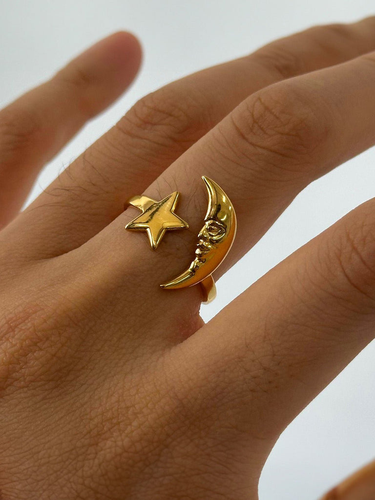 Bague lune étoile dorée, croissant de lune femme, ajustable en acier inoxydable, bague tendance cosmique, bijou céleste doré, modèle Elia - Bague - Or
