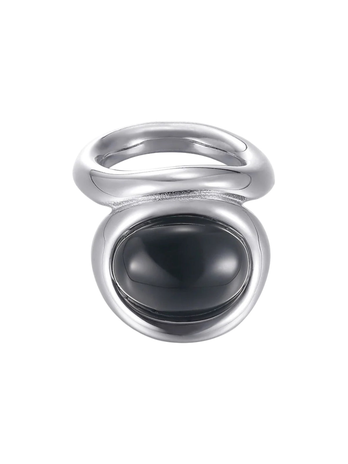 Bague noire ovale en acier inoxydable, bague géométrique acier, pierre noire, bague noire argentée, vintage, modèle Satine - Bague - Argent XS