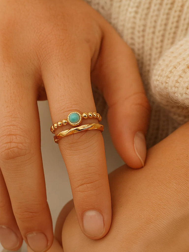 Bague ouverte dorée, pierre verte naturelle, design double anneau, style vintage, acier inoxydable, modèle Dania - Bague - Or