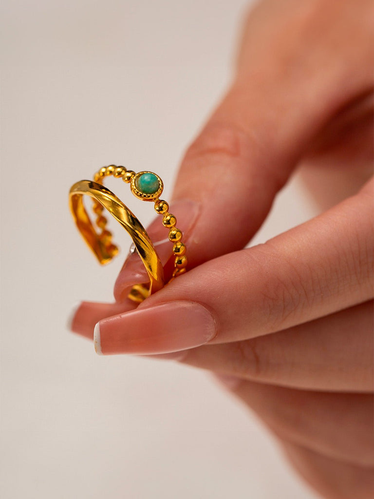 Bague ouverte dorée, pierre verte naturelle, design double anneau, style vintage, acier inoxydable, modèle Dania - Bague - Or