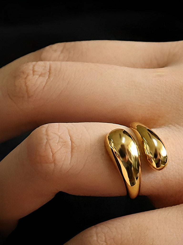 Bague ouverte en acier inoxydable, design goutte d'eau, finition or 18K, ajustable femme, style tendance, modèle Iris - Bague - Or S