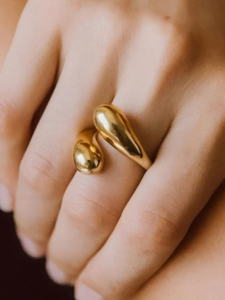 Bague ouverte en acier inoxydable, design goutte d'eau, finition or 18K, ajustable femme, style tendance, modèle Iris - Bague - Or S