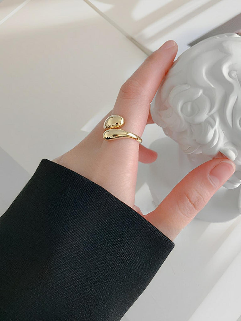 Bague ouverte en acier inoxydable, design goutte d'eau, finition or 18K, ajustable femme, style tendance, modèle Iris - Bague - Or S