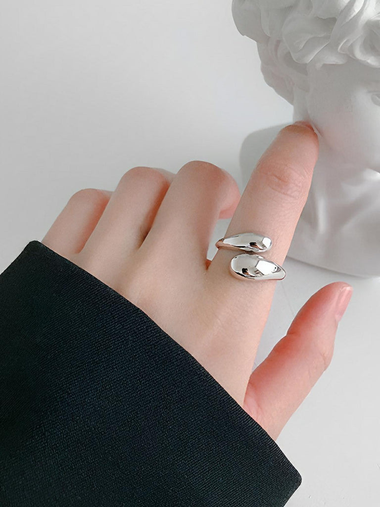 Bague ouverte en acier inoxydable, design goutte d'eau, finition or 18K, ajustable femme, style tendance, modèle Iris - Bague - Argent S