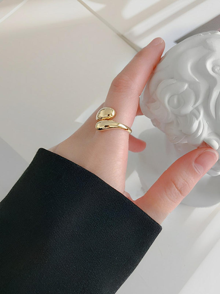 Bague ouverte en acier inoxydable, design goutte d'eau, finition or 18K, ajustable femme, style tendance, modèle Iris - Bague - Or S