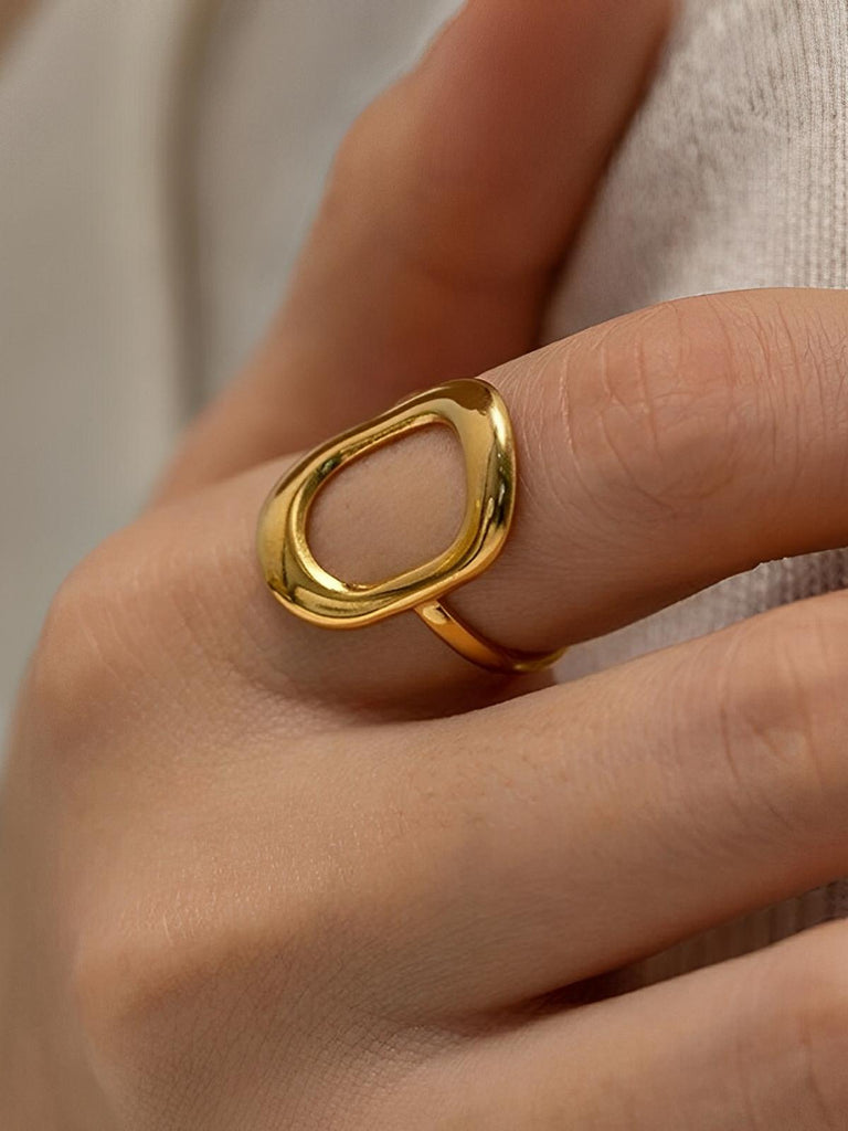 Bague ouverte femme, acier inoxydable, motif ovale creux, style ins, or 18 carats, style européen et américain, modèle Kornelia - Bague - Or S