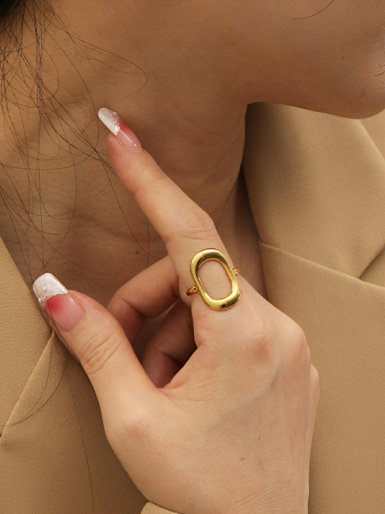 Bague ouverte femme, acier inoxydable, motif ovale creux, style ins, or 18 carats, style européen et américain, modèle Kornelia - Bague - Or S
