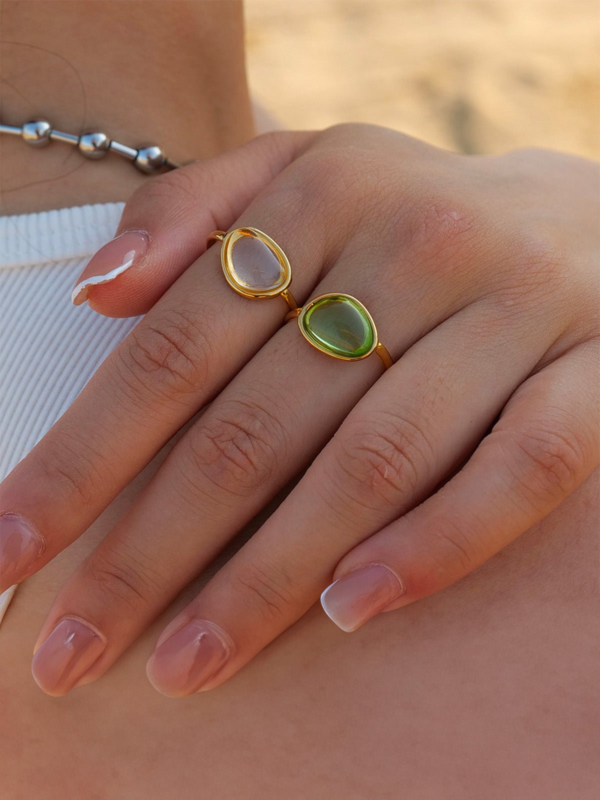 Bague ouverte femme, acier inoxydable, pierre ovale transparente colorée, plaqué or 18K, style ins, modèle Leen - Bague - Blanc