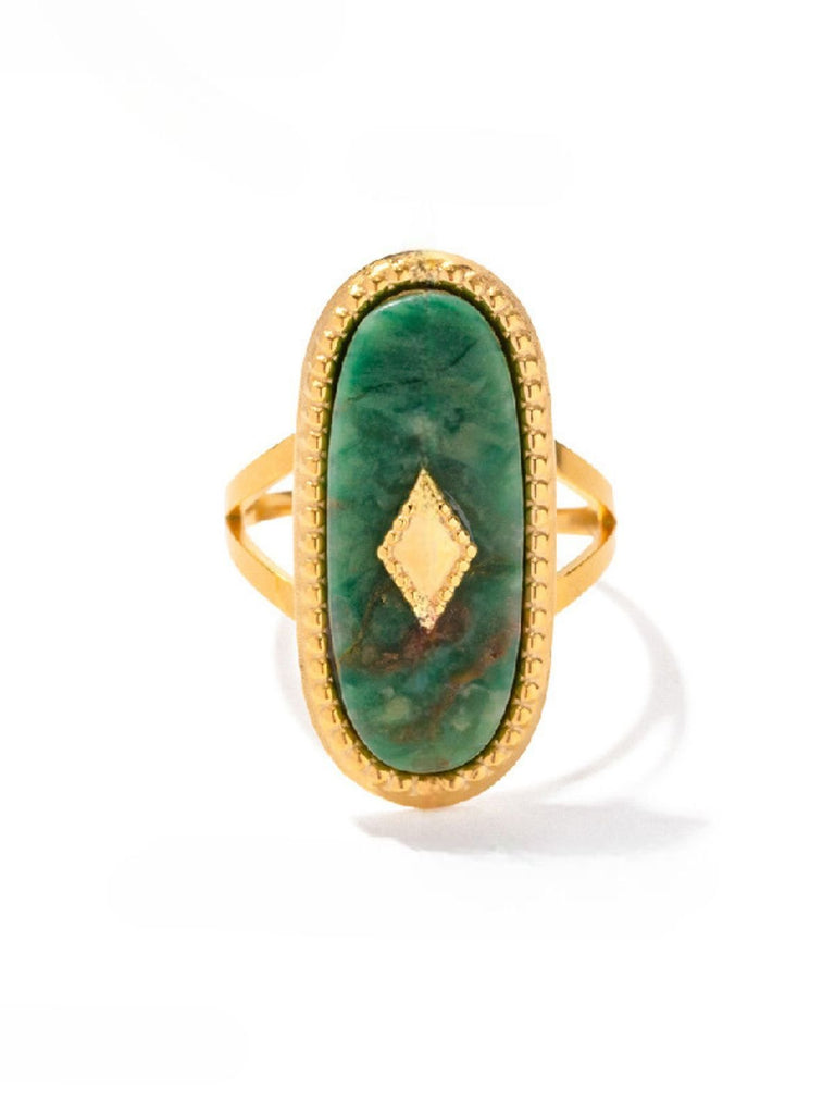 Bague ovale pierre verte, nacre blanche, réglable, acier inoxydable, finition or, modèle Lavine - Bague - Vert