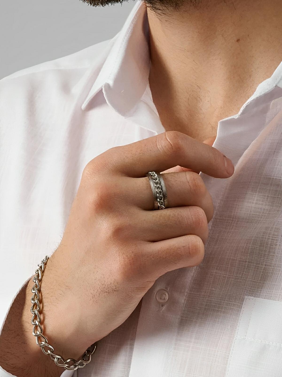 Bague pour homme, à chaîne rotative, en acier inoxydable, anti - stress, style moderne, modèle Kiro - Bague - Argent XXS