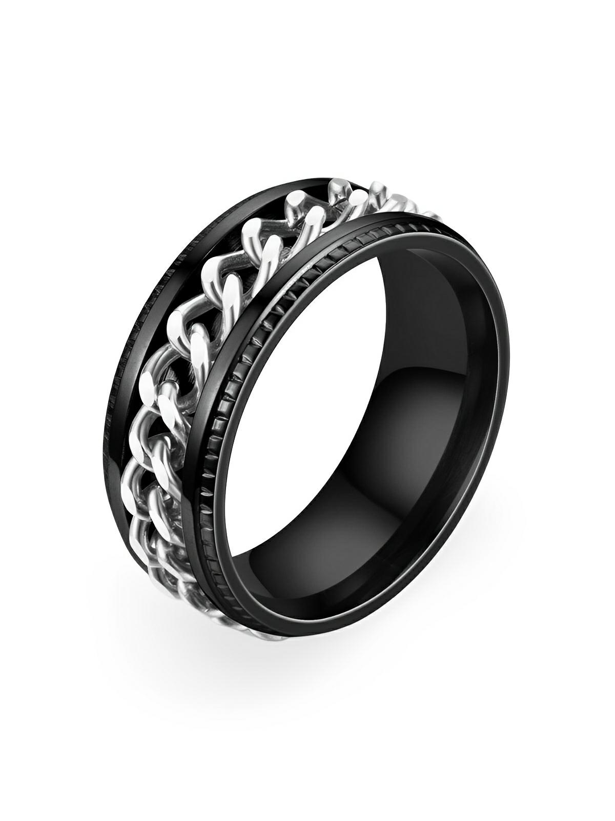 Bague pour homme, à chaîne rotative, en acier inoxydable, anti - stress, style moderne, modèle Kiro - Bague - Noir et argent XXS